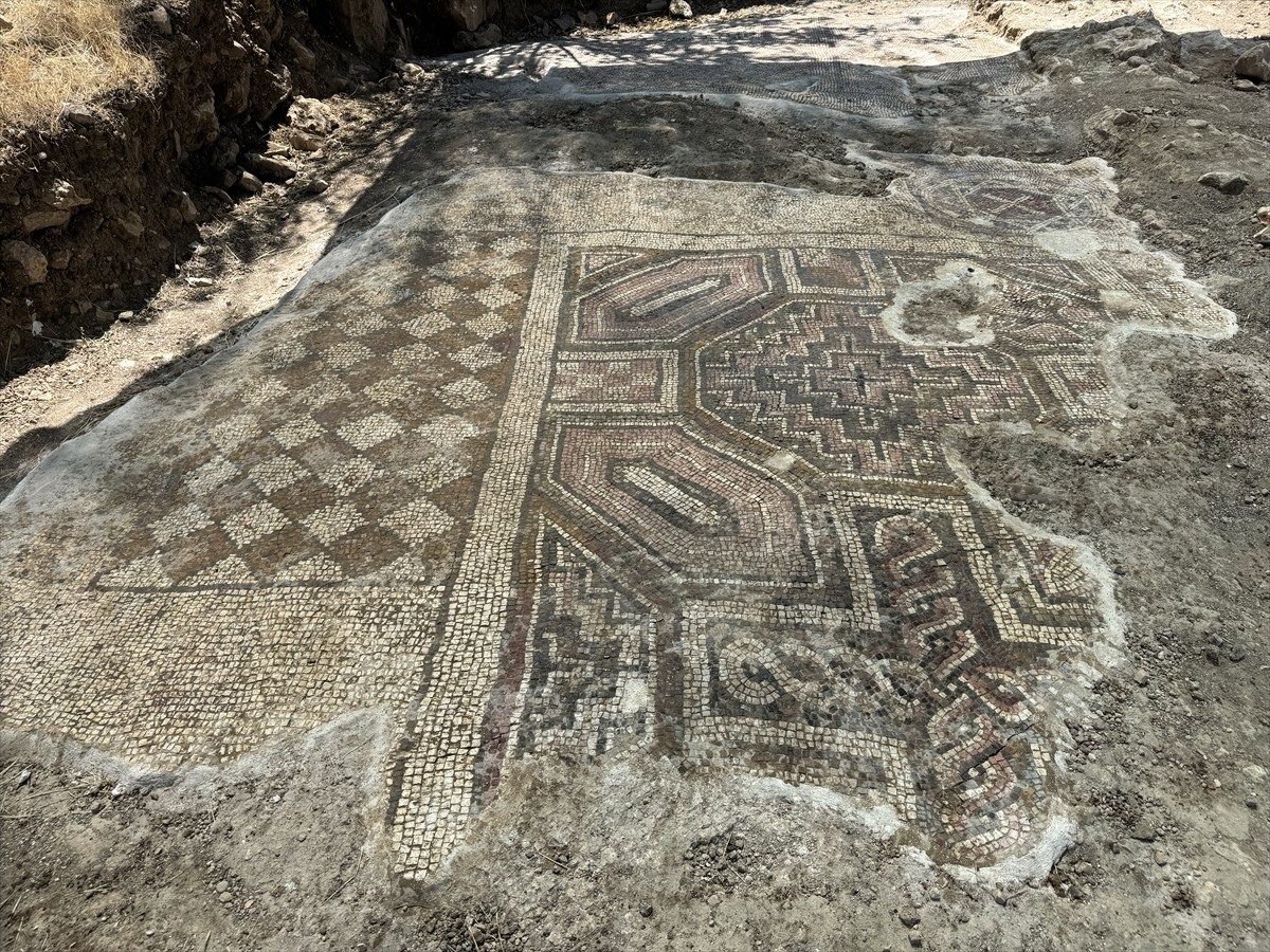 Diyarbakır'ın Ergani ilçesinde mezar kazısı sırasında bulunan mozaikte yürütülen incelemede...
