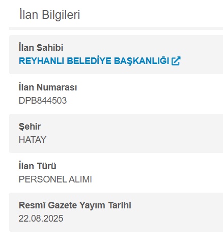 Reyhanlı Belediyesi KPSS 60 ile 3 VHKİ Memur Alımı — Başvurular 29 Eylül-3 Ekim 2025