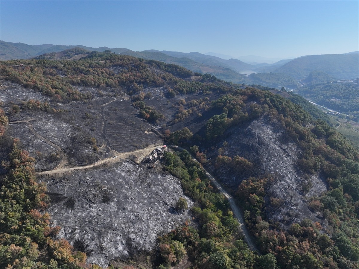 Düzce'nin Yığılca ilçesinde çıkan yangında zarar gören alanlar dronla görüntülendi.