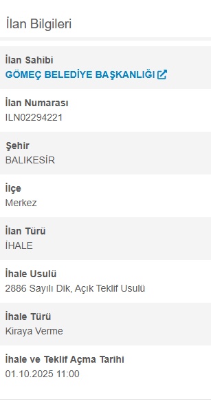 Gömeç Belediyesi 3 Taşınmazı İhale Ediyor: Kira 1.800–9.500 TL (İhale 1 Ekim 2025)