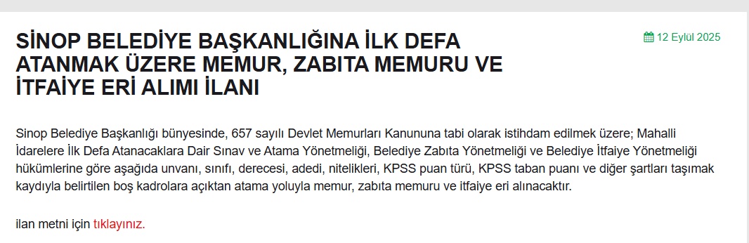 Sinop ve Karatay Belediyeleri KPSS'li Memur, Zabıta ve İtfaiyeci Alımı Başlıyor