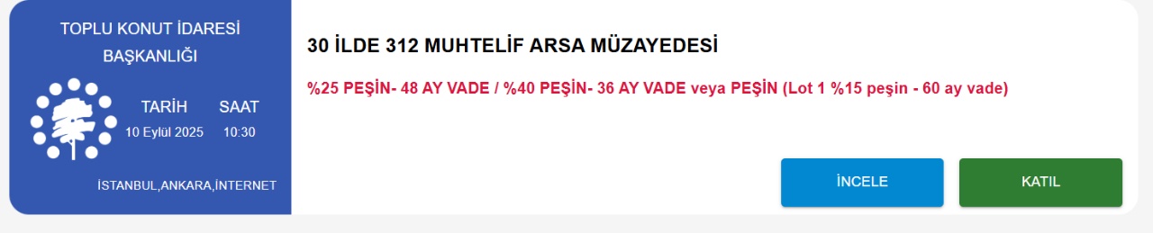 TOKİ'den 30 İlde 312 Arsa Satışı: 10 Eylül 2025'te Açık Artırma