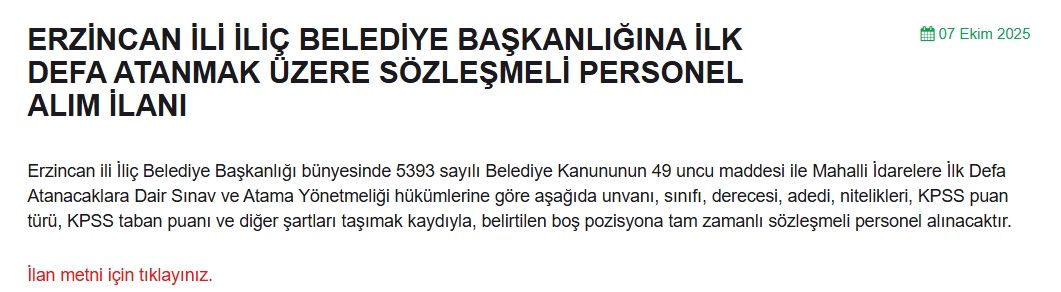 KPSS 65'le Devlet Kapısı: 2 Belediye Alımları AÇıkladı