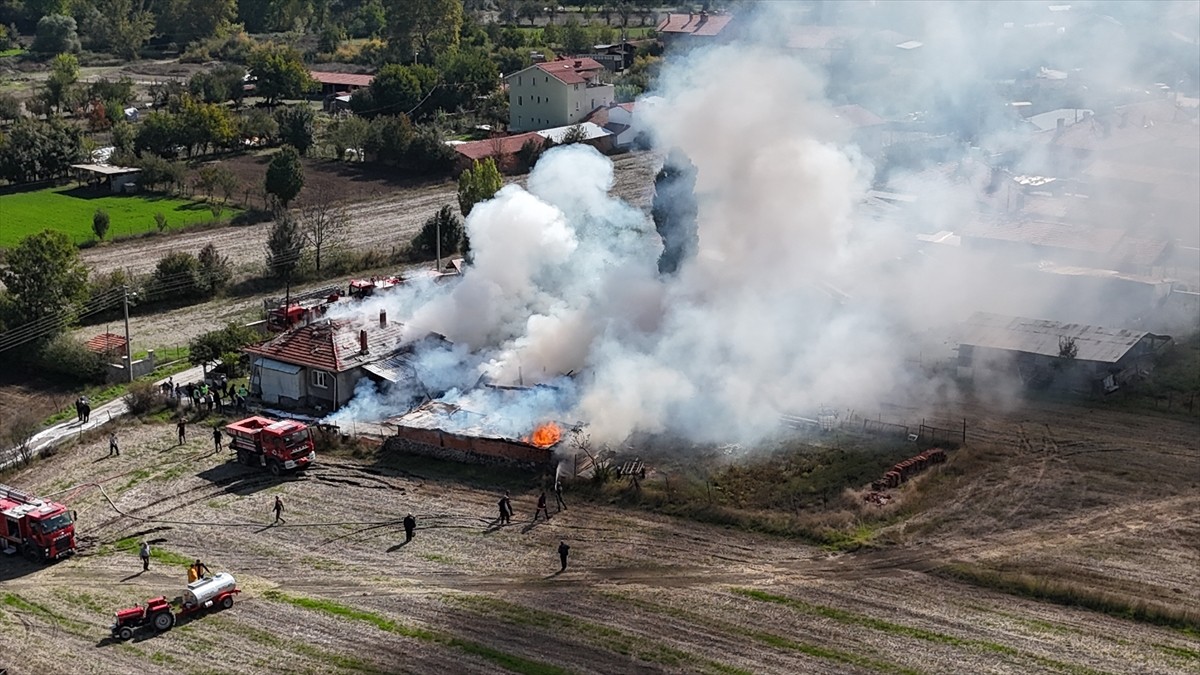 Kütahya'nın Domaniç ilçesindeki odunlukta başlayıp ev ile bahçesindeki araçlara sıçrayan yangın...