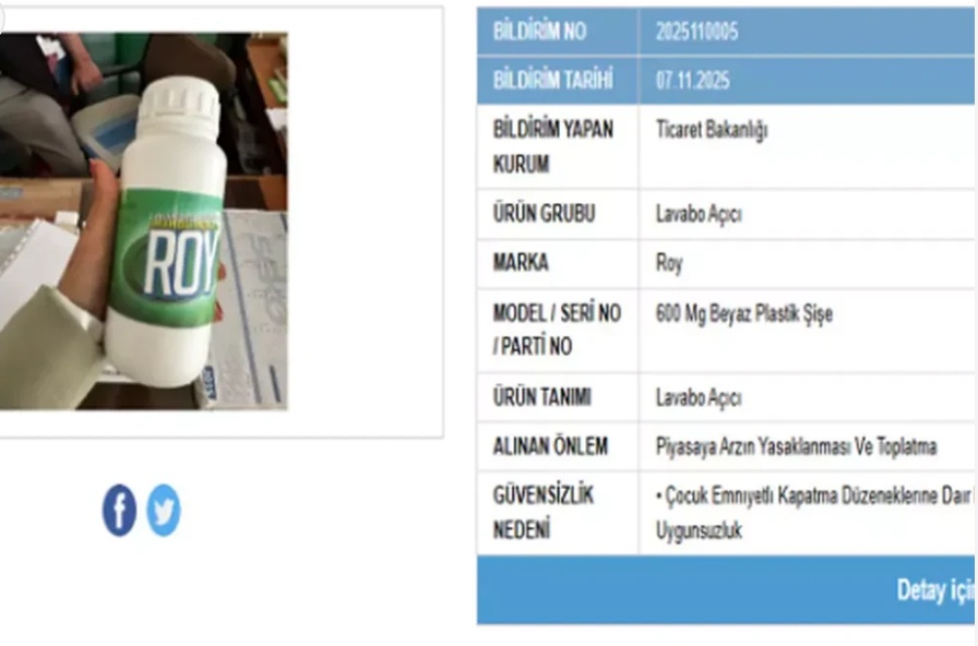 Acil Toplatma: Roy ve Meltem Lavabo Açıcıları Güvensiz Çıktı