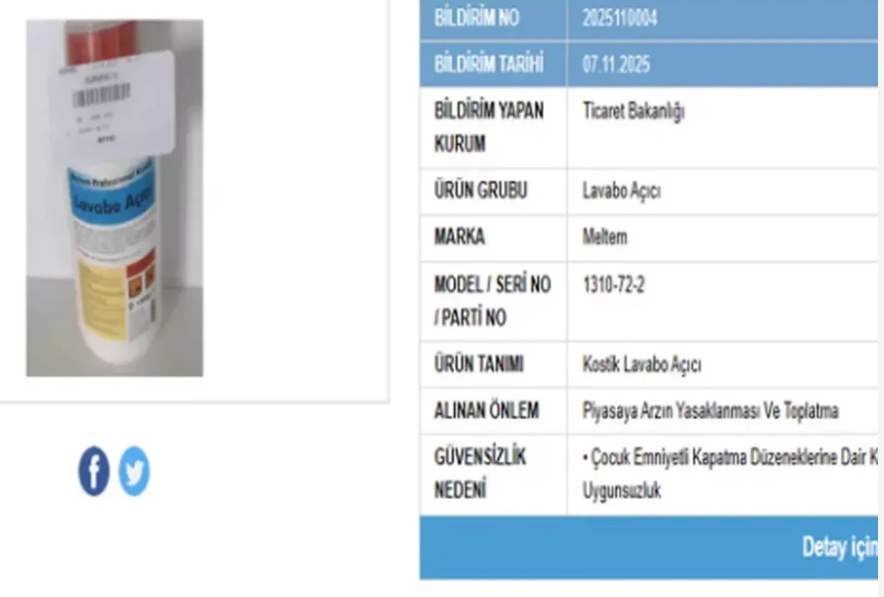 Acil Toplatma: Roy ve Meltem Lavabo Açıcıları Güvensiz Çıktı