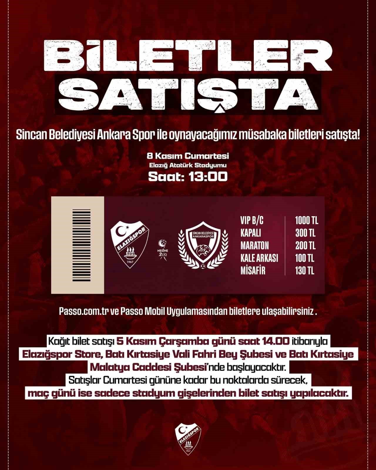 ELAZIĞSPOR - ANKARASPOR MAÇ BİLETLERİ SATIŞA ÇIKTI