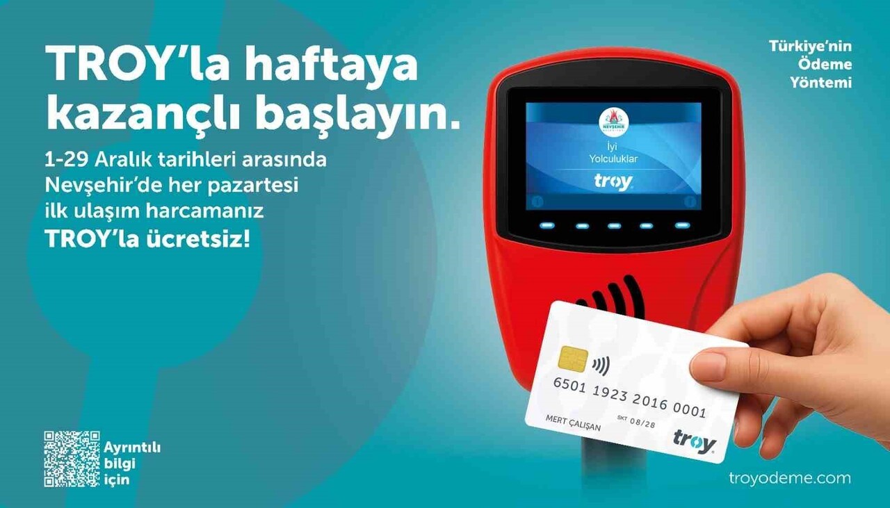 NEVŞEHİR’DE TROY KART SAHİPLERİNE PAZARTESİ GÜNLERİ İLK ULAŞIM ÜCRETSİZ OLACAK.