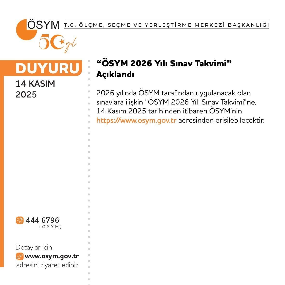 ÖLÇME, SEÇME VE YERLEŞTİRME MERKEZİ (ÖSYM) 2026 SINAV TAKVİMİNİ AÇIKLADI.