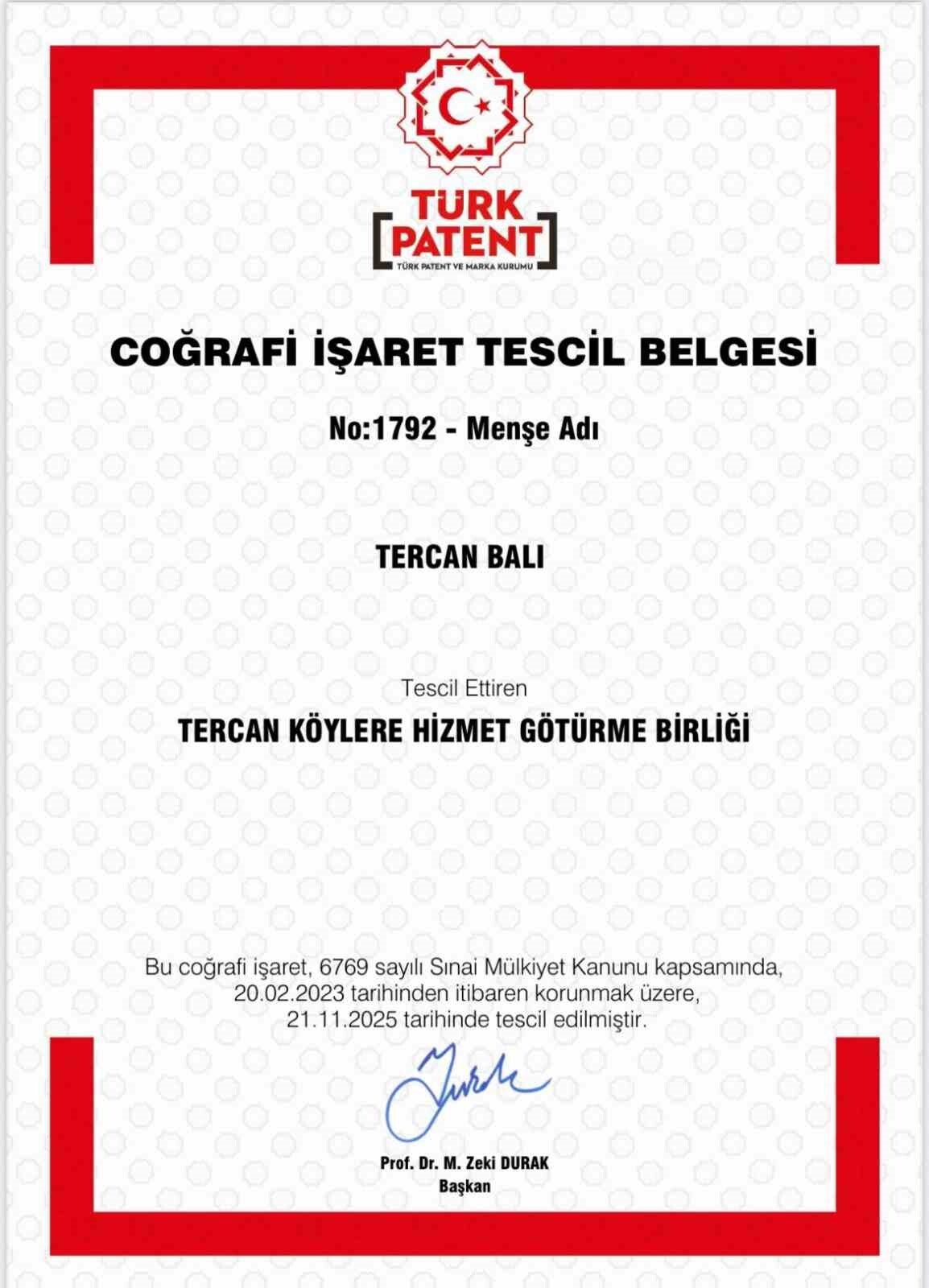 TERCAN BALI ERZİNCAN’IN 14. COĞRAFİ İŞARETLİ ÜRÜNÜ OLDU