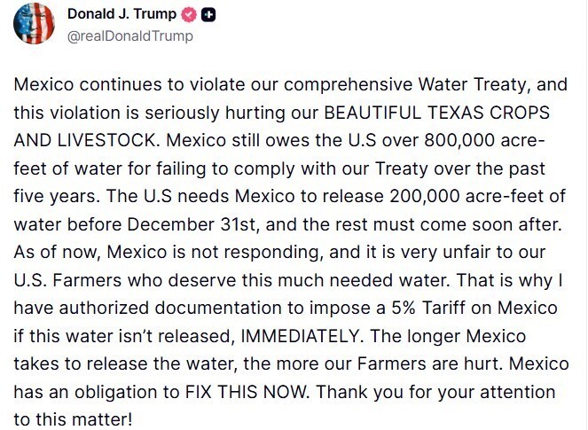 ABD BAŞKANI TRUMP’TAN MEKSİKA’YA SU ANLAŞMASI UYARISI: "YETERLİ SU SERBEST BIRAKILMAZSA, YÜZDE 5...