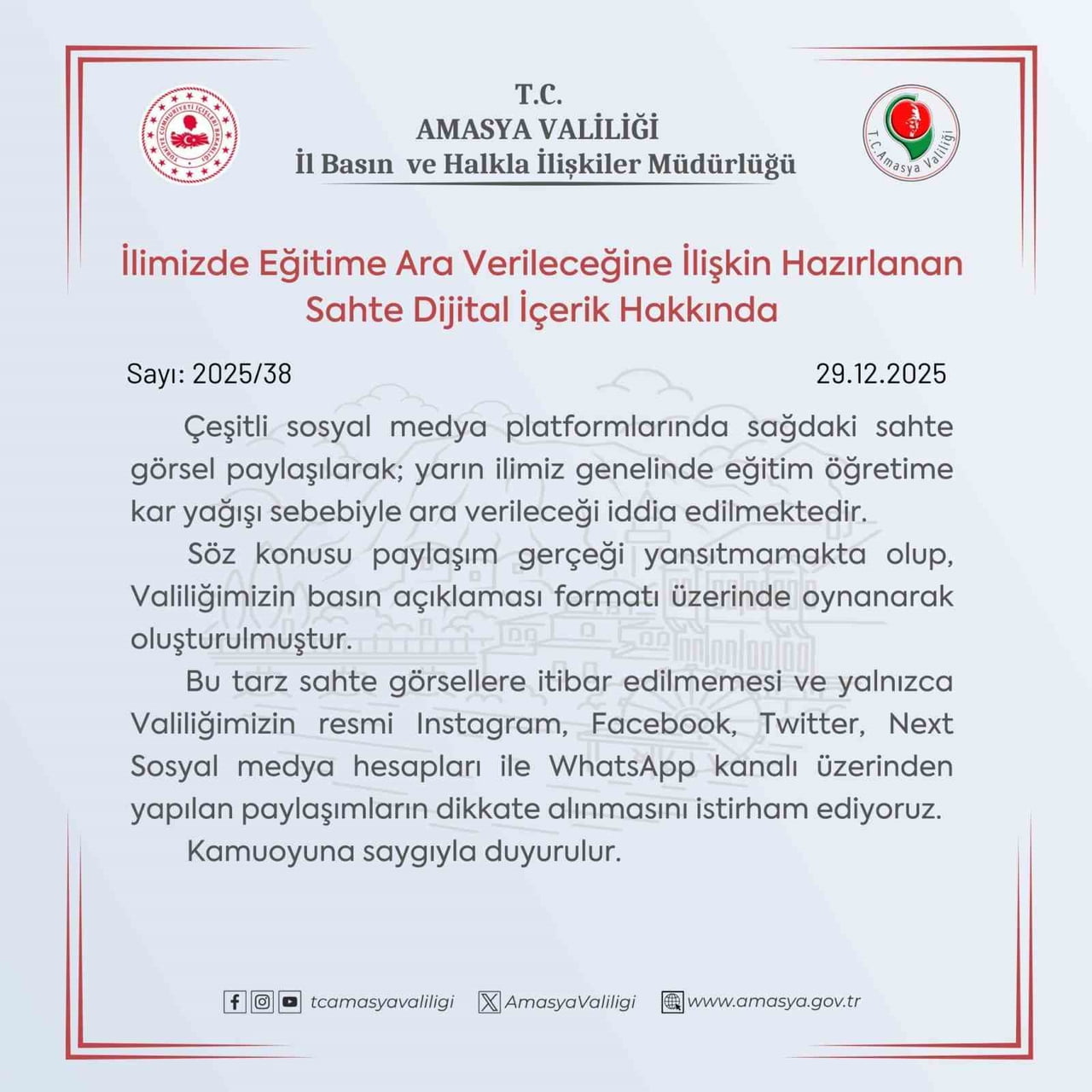 AMASYA VALİLİĞİ, İL BASIN VE HALKLA İLİŞKİLER MÜDÜRLÜĞÜ TARAFINDAN YAPILMIŞ GİBİ GÖSTERİLEN ‘KAR...