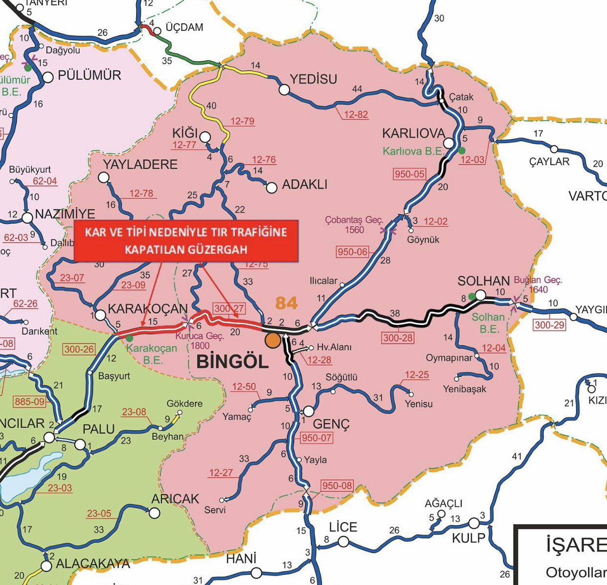 BİNGÖL-ELAZIĞ KARAYOLUNUN  0-51 KİLOMETRELERİ  ARASI TIR TRAFİĞİNE KAPATILDI.
