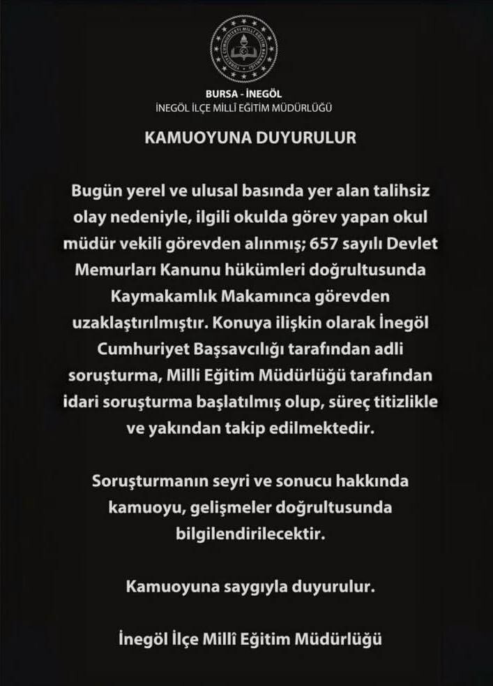 BURSA'NIN İNEGÖL İLÇESİNDE BAYRAK TÖRENİNDE ÖĞRENCİSİNİ İTEREK YARALANMASINA NEDEN OLAN VE ÜLKE...