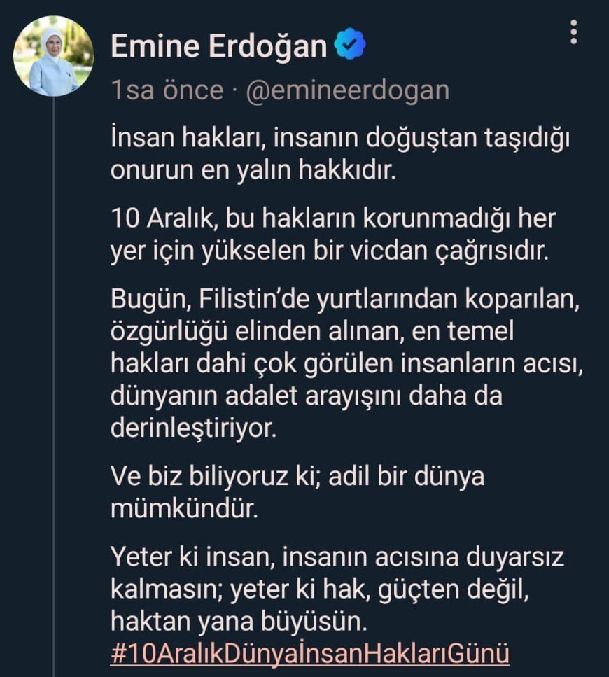 CUMHURBAŞKANI RECEP TAYYİP ERDOĞAN'IN EŞİ EMİNE ERDOĞAN, DÜNYA İNSAN HAKLARI GÜNÜ DOLAYISIYLA...
