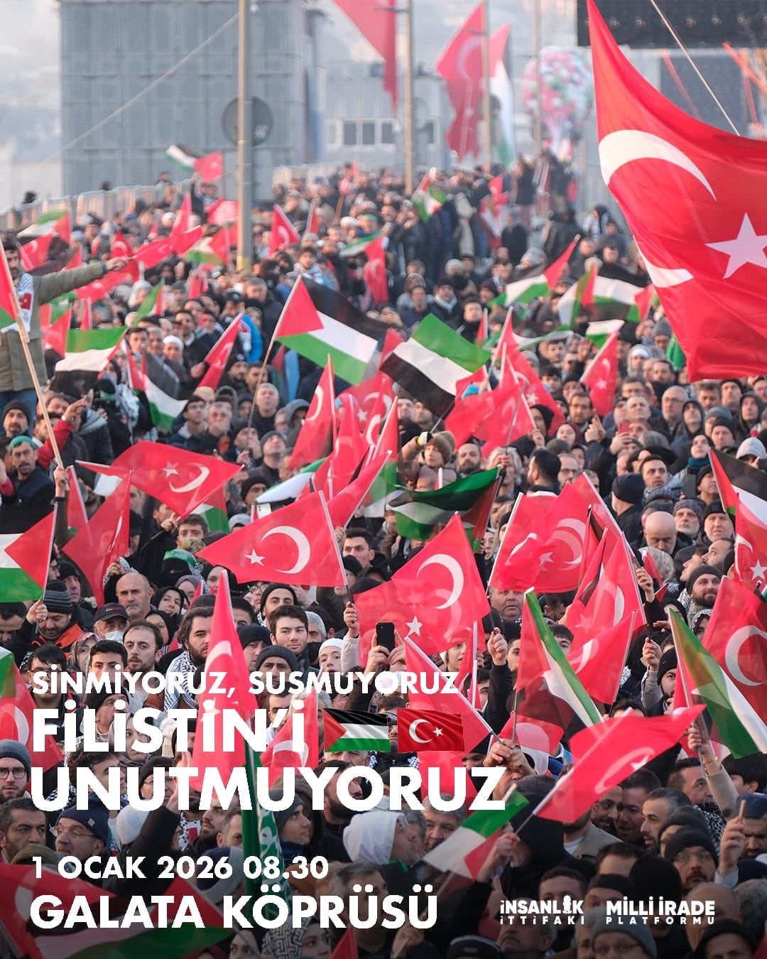 ERZURUMSPOR KULÜBÜ, 1 OCAK 2026’DA İSTANBUL GALATA KÖPRÜSÜ’NDE "SİNMİYORUZ, SUSMUYORUZ, FİLİSTİN’İ...