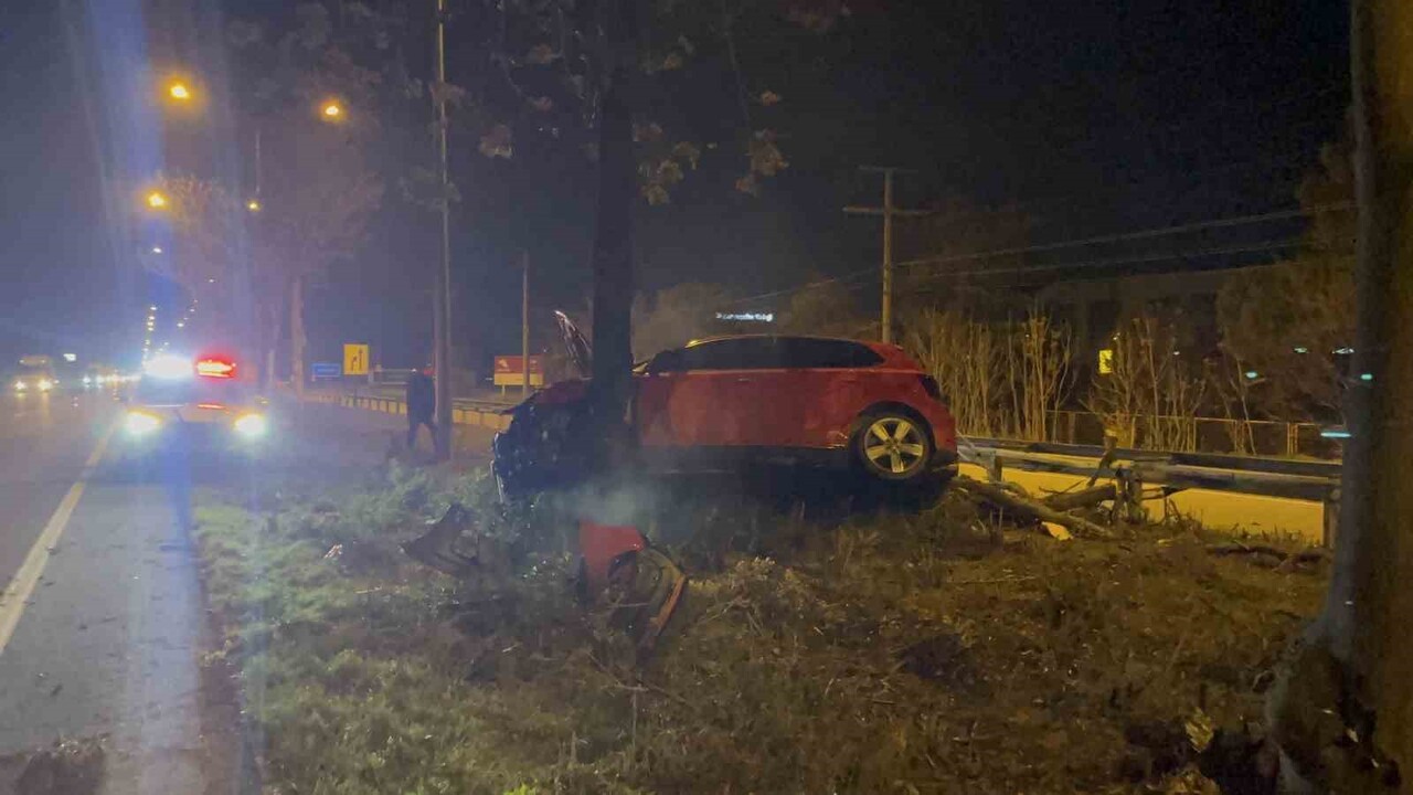 ESKİŞEHİR’DE KONTROLDEN ÇIKAN OTOMOBİL ORTA REFÜJDEKİ BİR AĞACI DEVİRİP DİĞERİNİN ÜZERİNE ÇIKARAK...