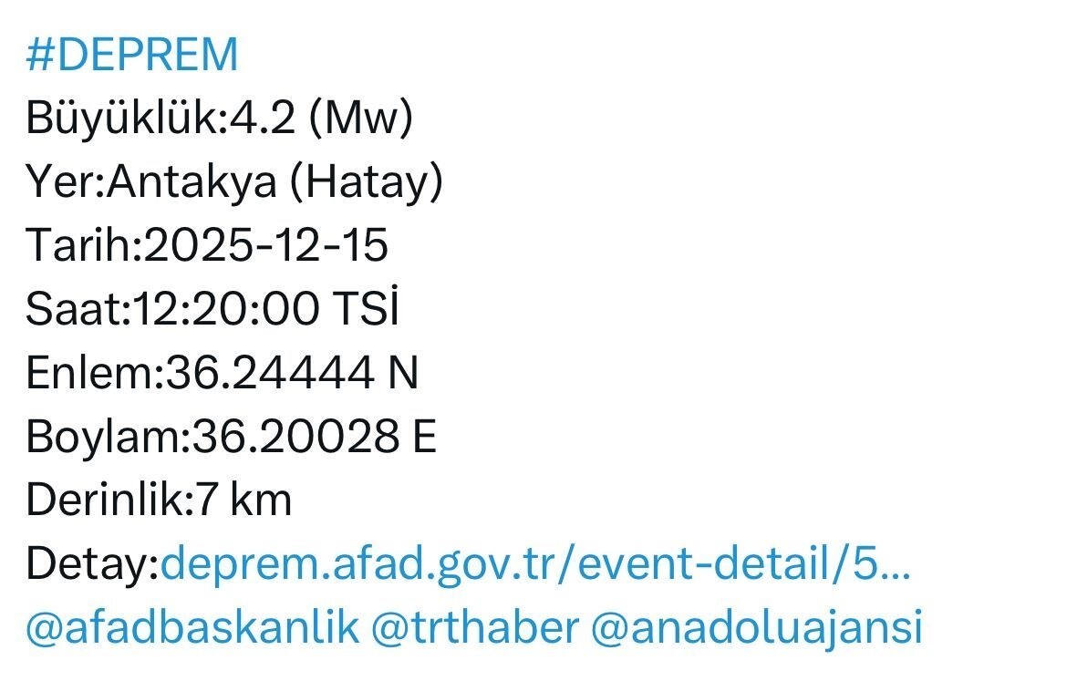 HATAY VALİLİĞİ, KENT MERKEZİNDE YAŞANAN 4.2 BÜYÜLÜĞÜNDEKİ DEPREMDE HERHANGİ BİR OLUMSUZLUK...