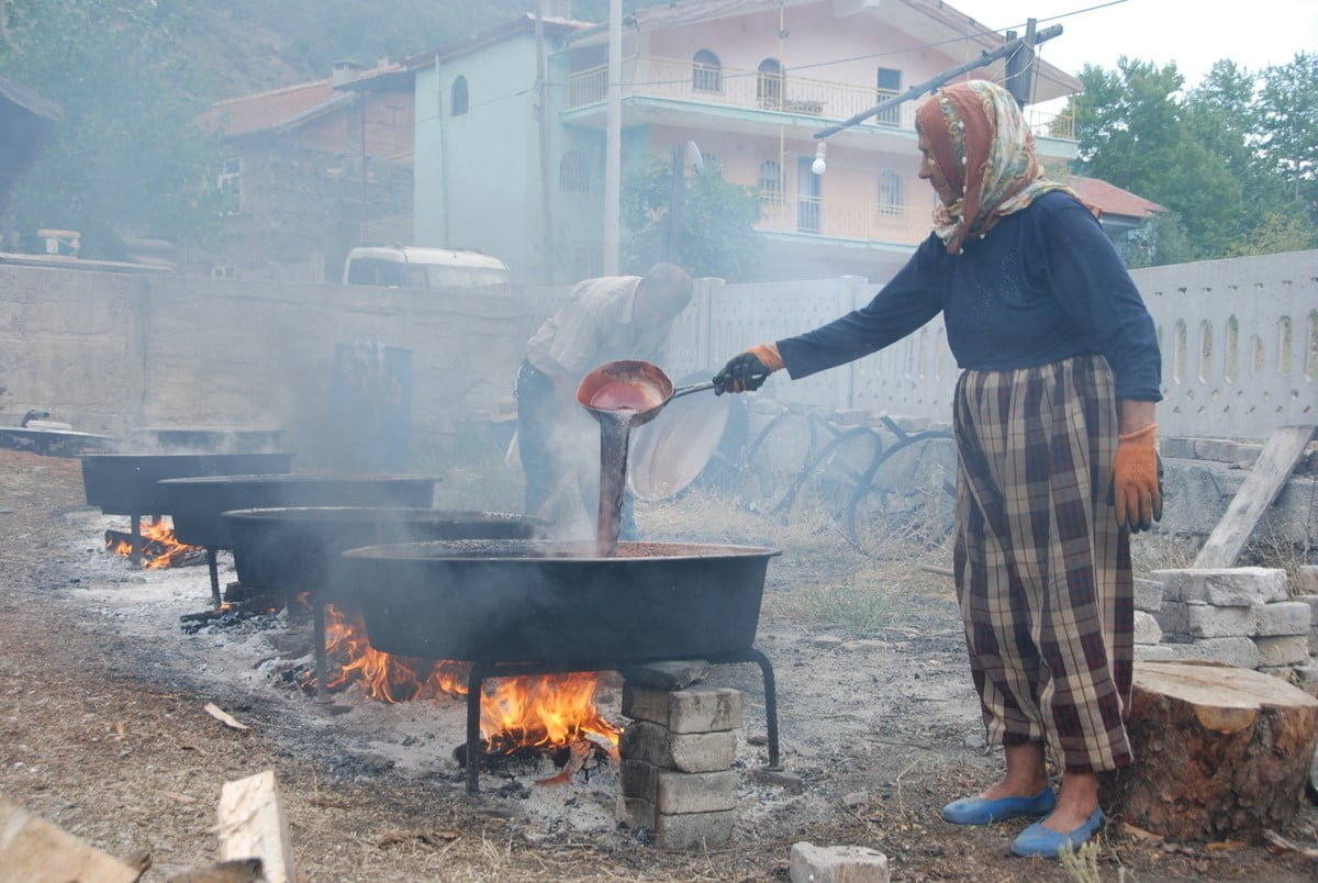İBRADI İLÇESİNDE TOROS DAĞLARI'NDA ANDIZ AĞAÇLARINDAN TOPLANAN KOZALAKLARDAN PEKMEZ YAPILIYOR
