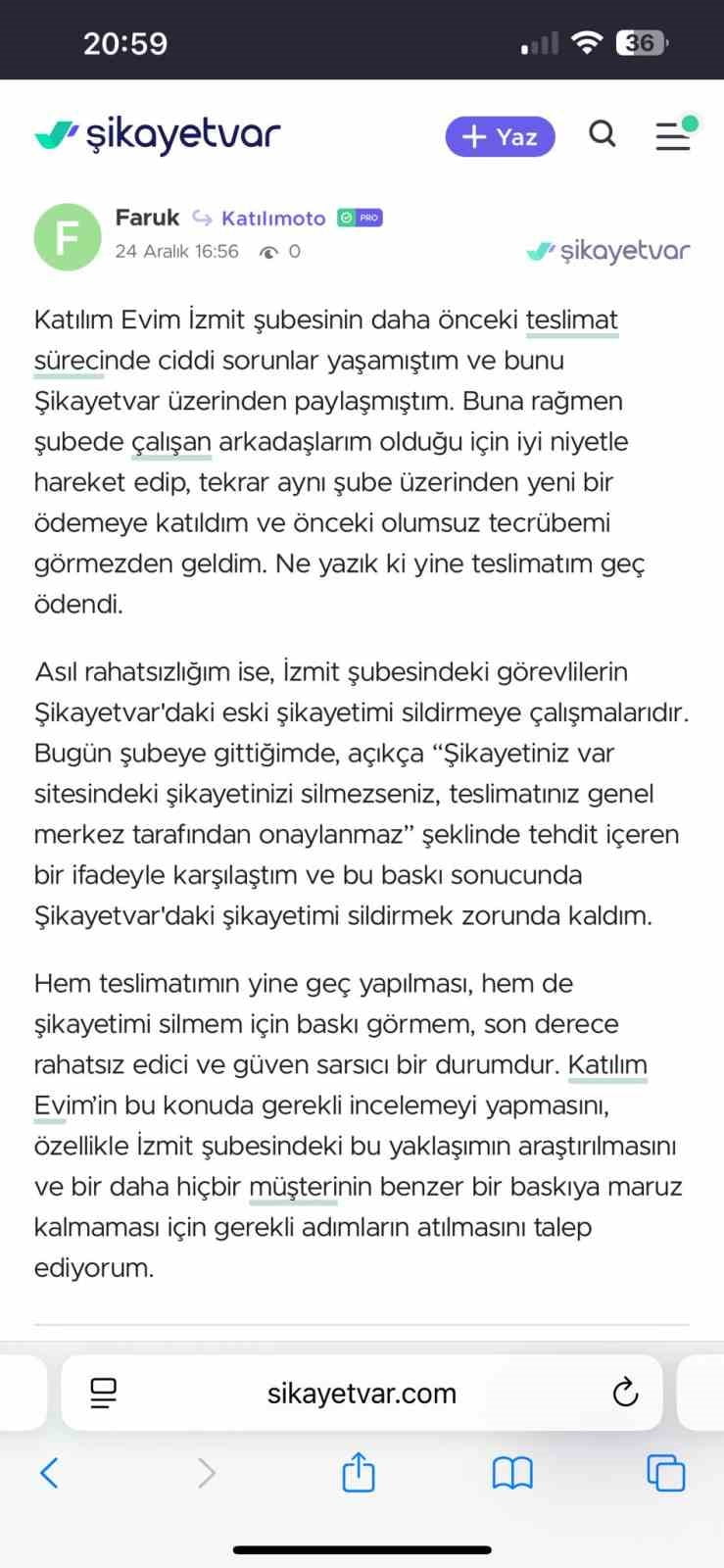 KOCAELİ'DE BİR VATANDAŞ, KATILIM EVİM FİRMASIYLA YAŞADIĞINI SIKINTILARI İNTERNET ÜZERİNDEN ŞİKAYET...