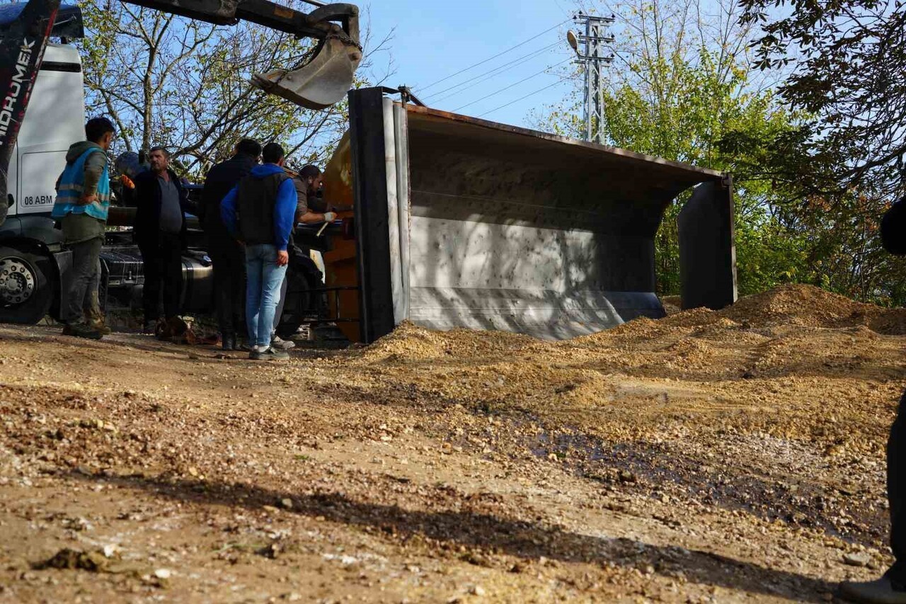 KOCAELİ'NİN İZMİT İLÇESİNDE MICIR YÜKLÜ KAMYONUN DAMPERİNİN DEVRİLMESİ SONUCU PANİKLEYEN SÜRÜCÜ...