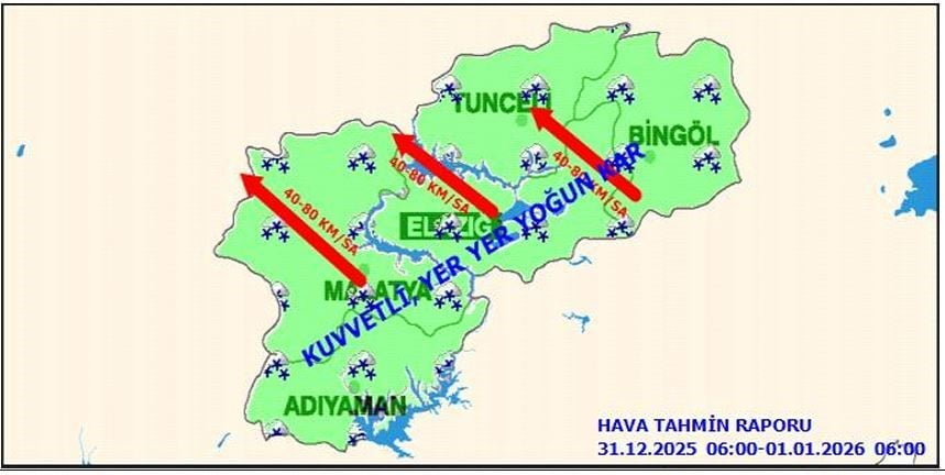 METEOROLOJİ ELAZIĞ İÇİN KUVVETLİ KAR VE RÜZGAR UYARISI YAPTI