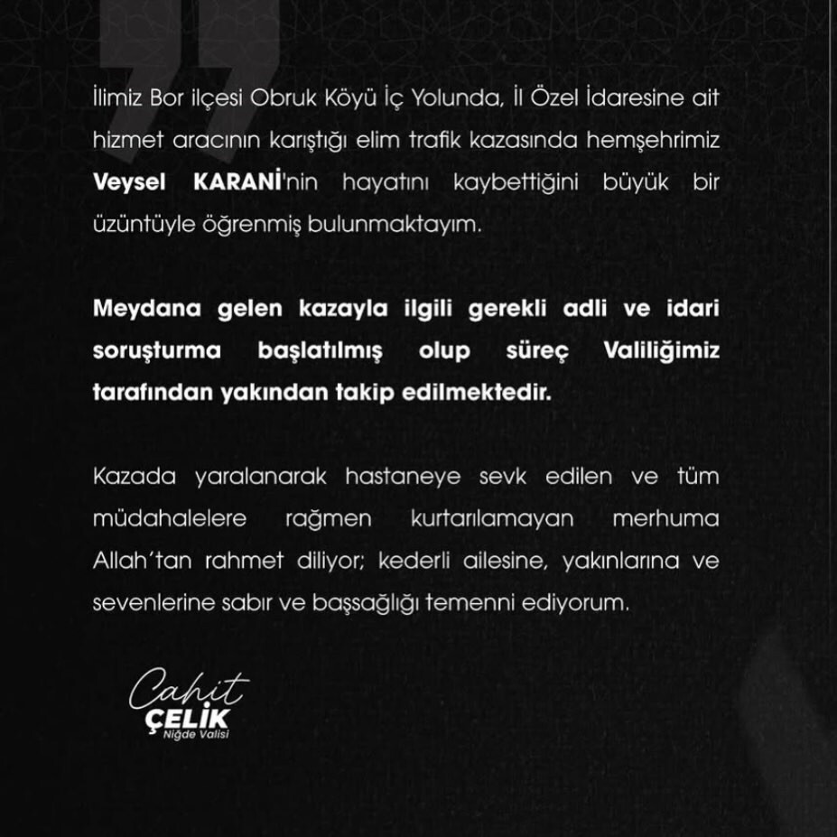 NİĞDE’NİN BOR İLÇESİNE BAĞLI OBRUK KÖYÜ YOLUNDA MEYDANA GELEN TRAFİK KAZASINDA 62 YAŞINDAKİ VEYSEL...