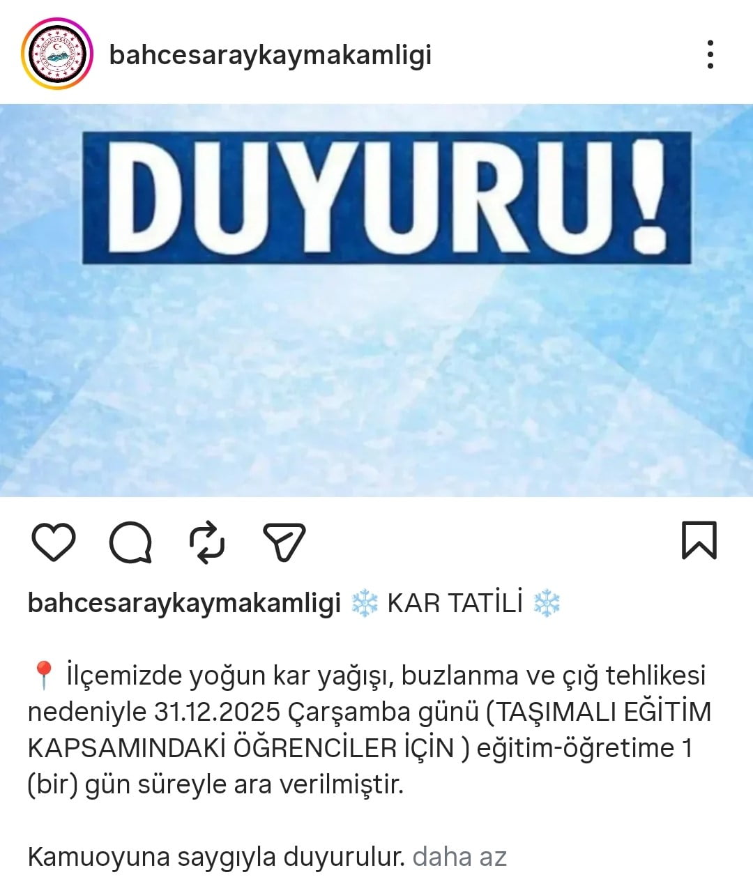 VAN'IN BAHÇESARAY İLÇESİNDE OLUMSUZ HAVADAN DOLAYI TAŞIMALI EĞİTİME 1 GÜN SÜRE İLE ARA...