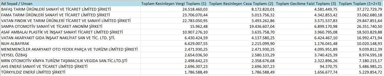 VERGİ BORÇLULARININ İFŞA EDİLDİĞİ "VERGİ YÜZSÜZLERİ" LİSTESİ AÇIKLANDI. SAMSUN'DA A LİSTESİNDE 12...