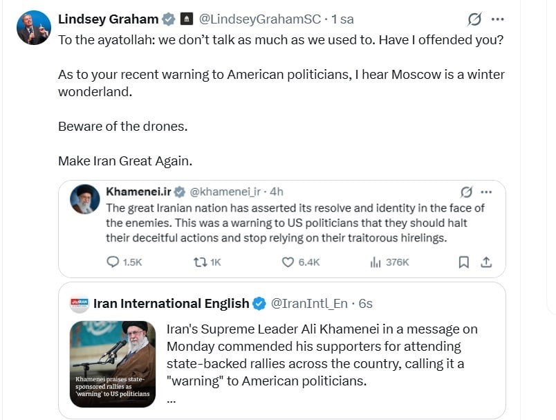 ABD’Lİ SENATÖR GRAHAM’DAN İRAN’IN DİNİ LİDERİ HAMANEY’İN REJİM YANLISI GÖSTERİLERİ ABD’YE UYARI...