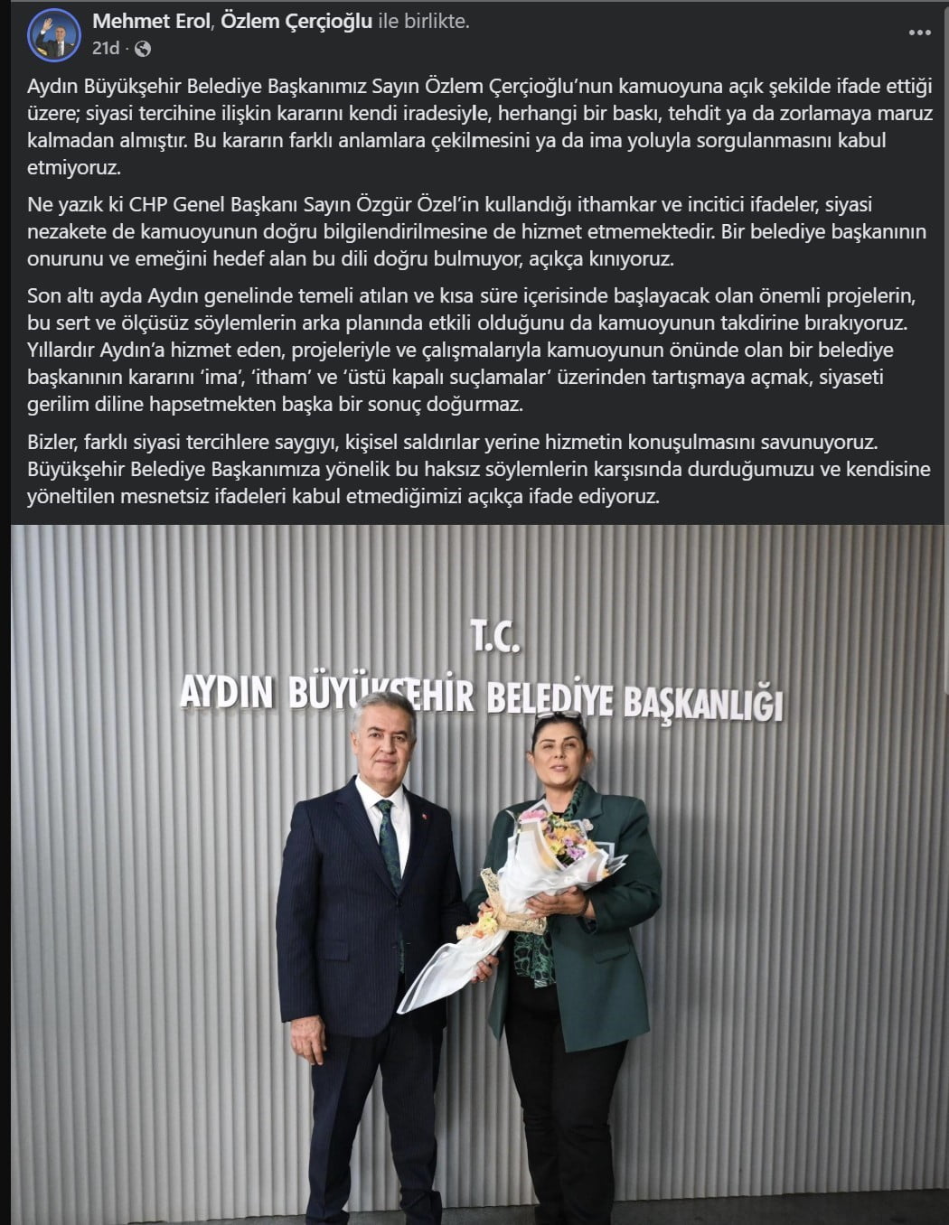 BAŞKAN EROL’DAN ÇERÇİOĞLU’NA DESTEK, ÖZEL’E KINAMA