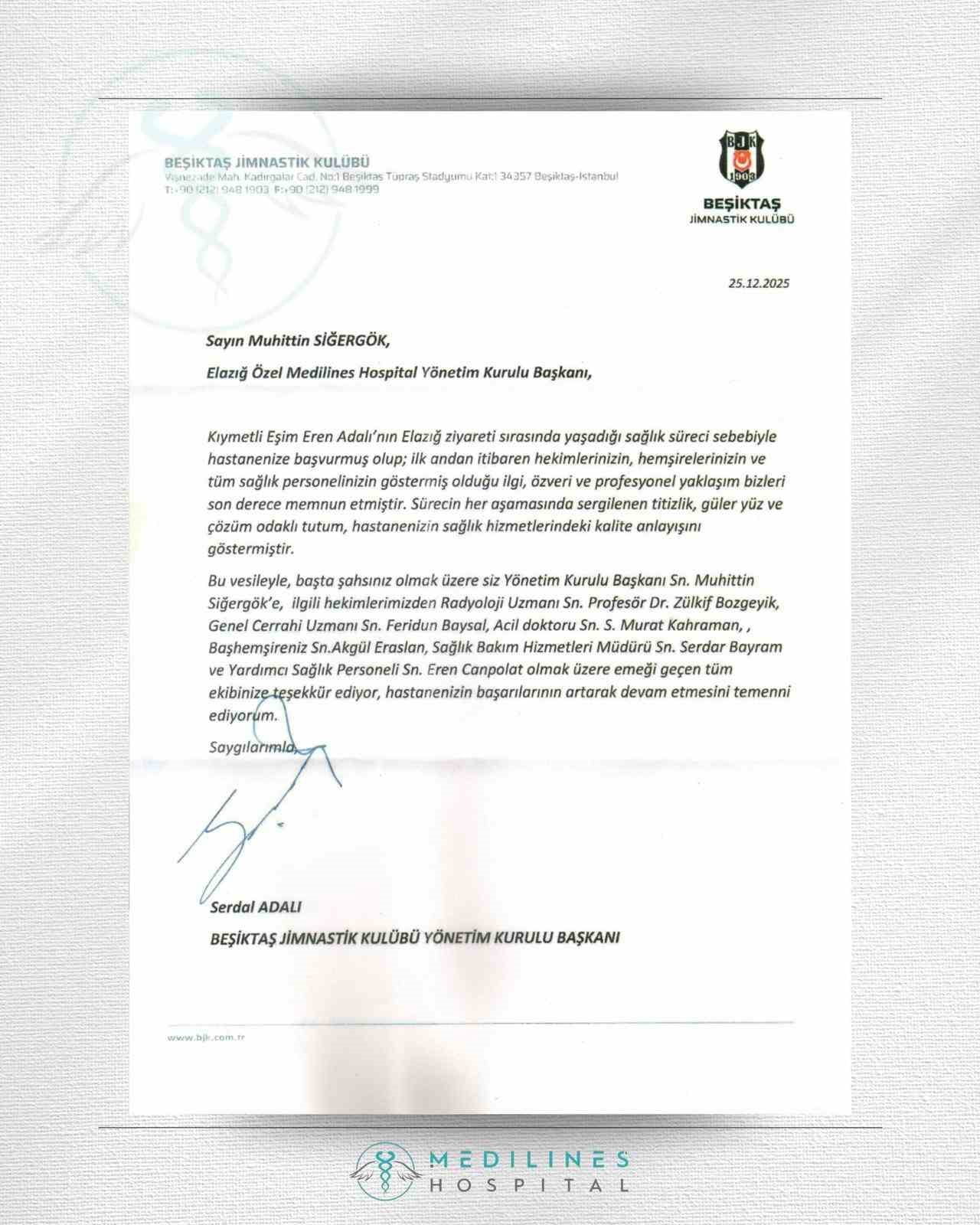 BEŞİKTAŞ BAŞKANI SERDAL ADALI, ELAZIĞ MEDİLİNES HOSPİTAL'E TEŞEKKÜR ETTİ