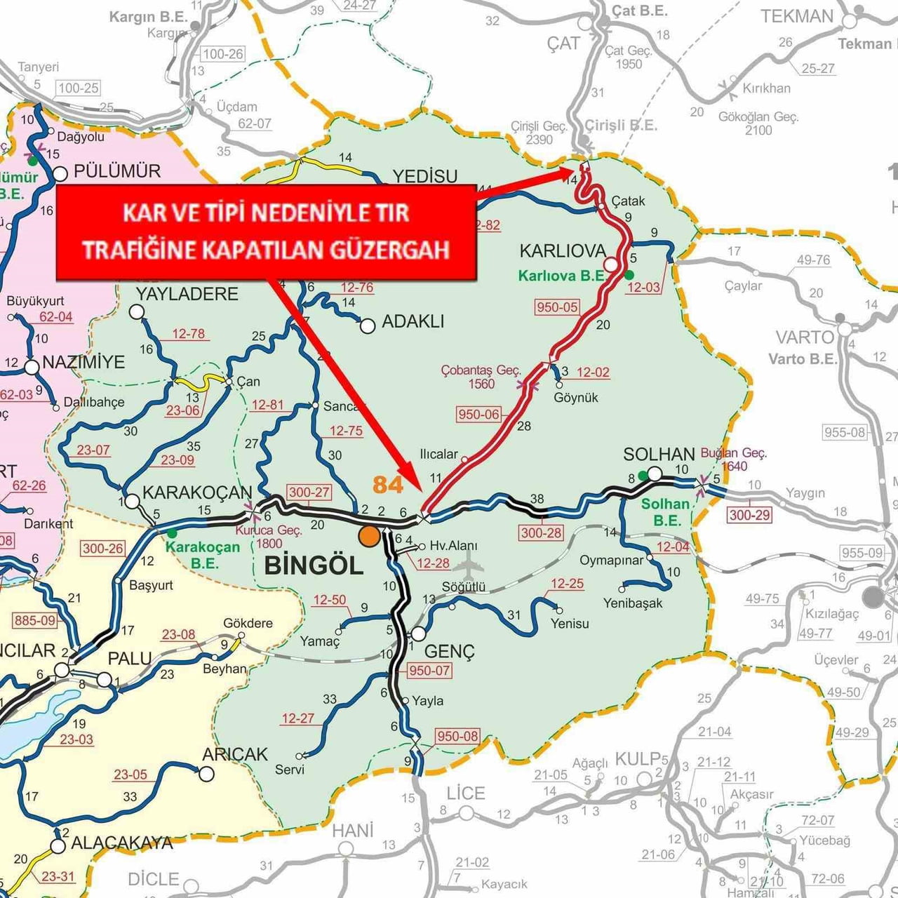 BİNGÖL-ERZURUM  VE BİNGÖL-DİYARBAKIR KARAYOLLARI TIR TRAFİĞİNE KAPATILDI