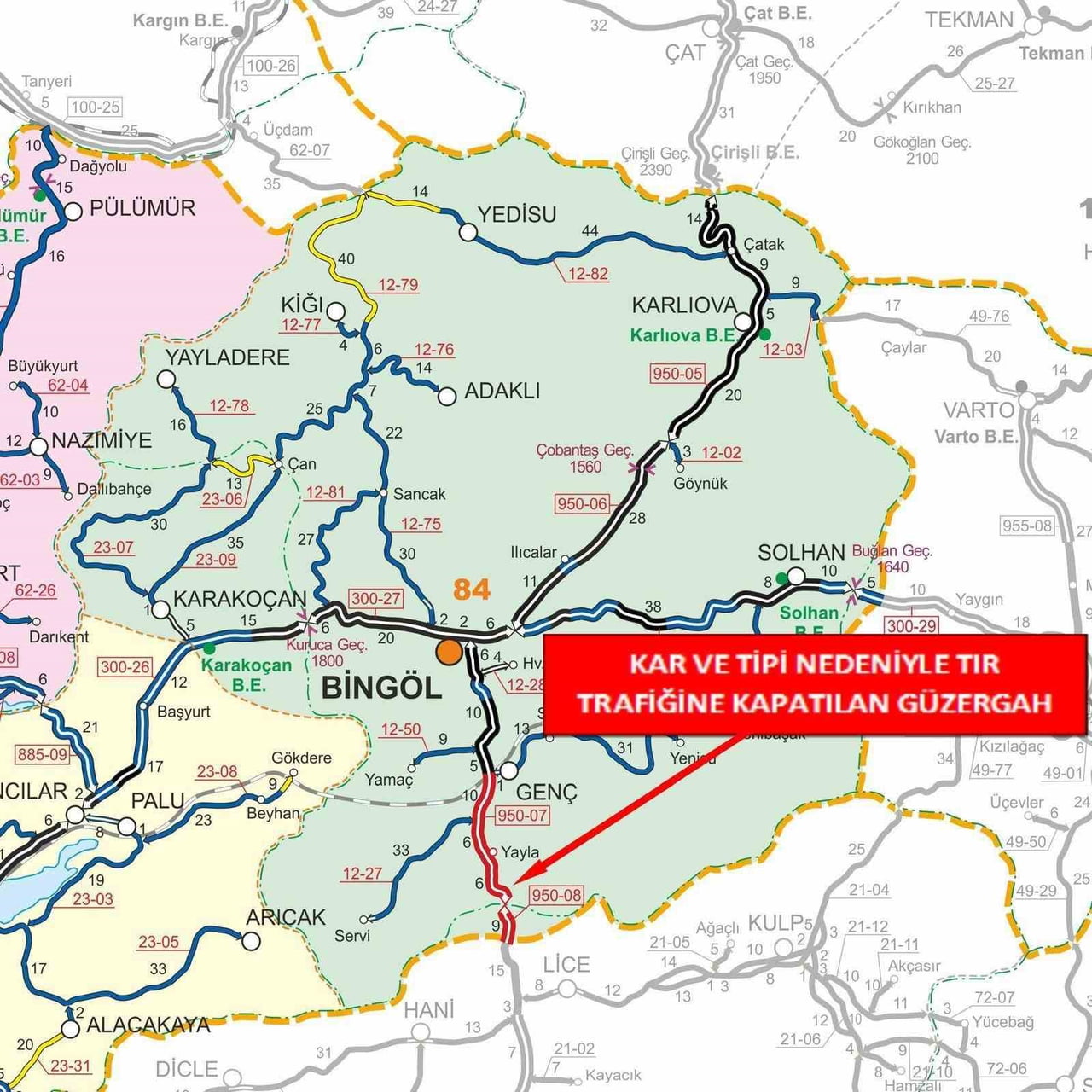 BİNGÖL-ERZURUM  VE BİNGÖL-DİYARBAKIR KARAYOLLARI TIR TRAFİĞİNE KAPATILDI