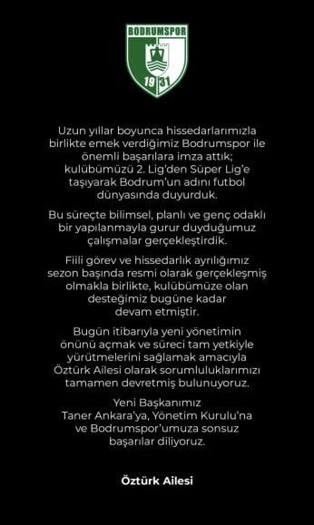 BODRUM FUTBOL KULÜBÜ'NÜN YÖNETİCİLERİNDEN ÖZTÜRK AİLESİ, KULÜPTEKİ SORUMLULUKLARINI...