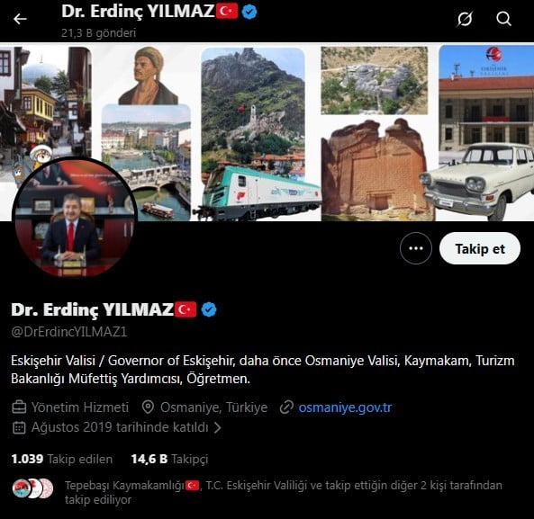 BUGÜN GÖREVE BAŞLAYAN VALİ DR. ERDİNÇ YILMAZ, SOSYAL MEDYA HESABINDA DUVAR KAĞIDINI ESKİŞEHİR'İ...