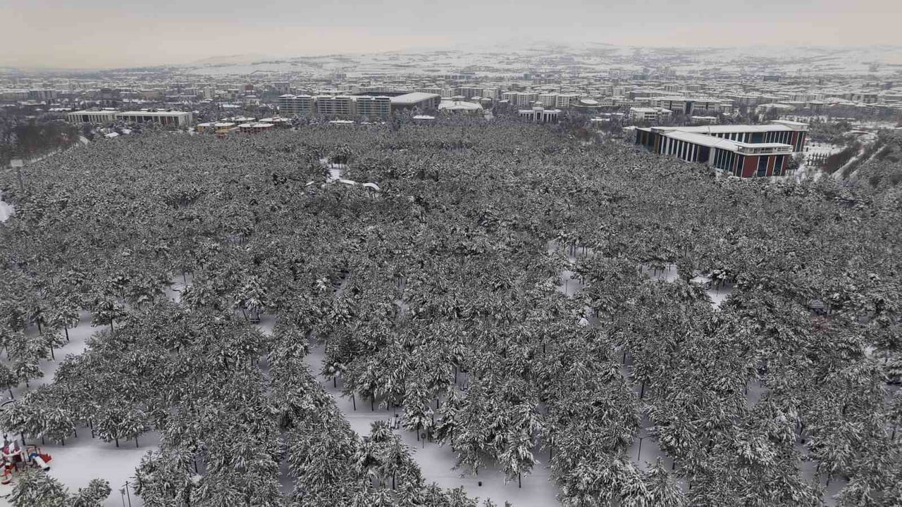ELAZIĞ’DA KAR YAĞIŞI SONRASI ŞEHRİN KALBİNDEKİ FIRAT ÜNİVERSİTESİ ORMANI VE KÜLTÜR PARK, BİNALARIN...