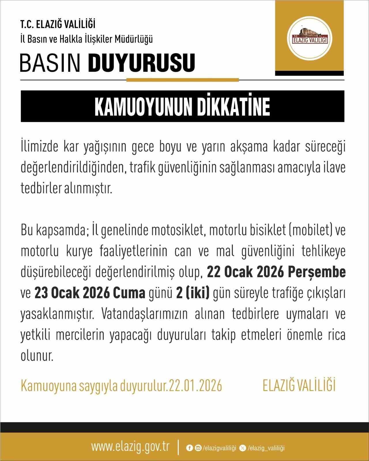 ELAZIĞ’DA MOTOSİKLET VE MOTOKURYE KULLANIMI YASAKLANDI