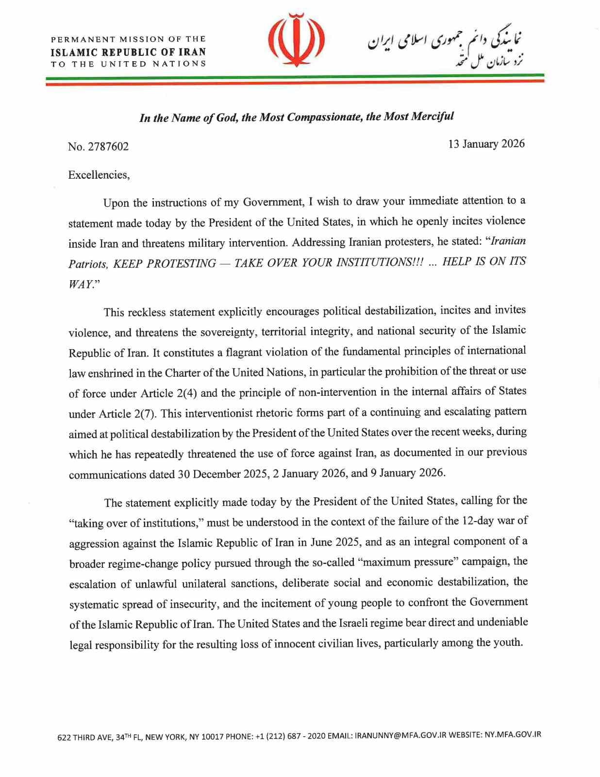 İRAN, BM’YE GÖNDERDİĞİ MEKTUPTA PROTESTOLARDAKİ ÖLÜMLERDEN ABD VE İSRAİL’İ SORUMLU...