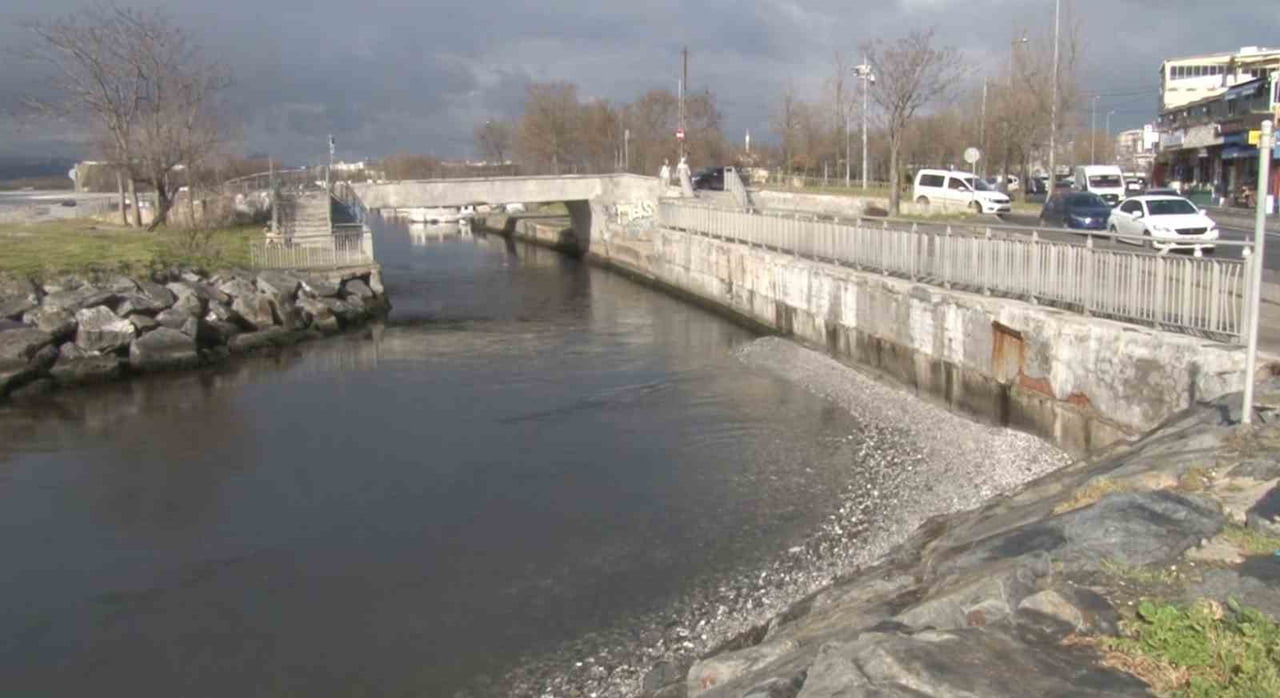 İSTANBUL KÜÇÜKÇEKMECE'DE SULARIN ÇEKİLMESİYLE BİRLİKTE MENEKŞE DERESİ'NDEN GEÇMEYE ÇALIŞAN...