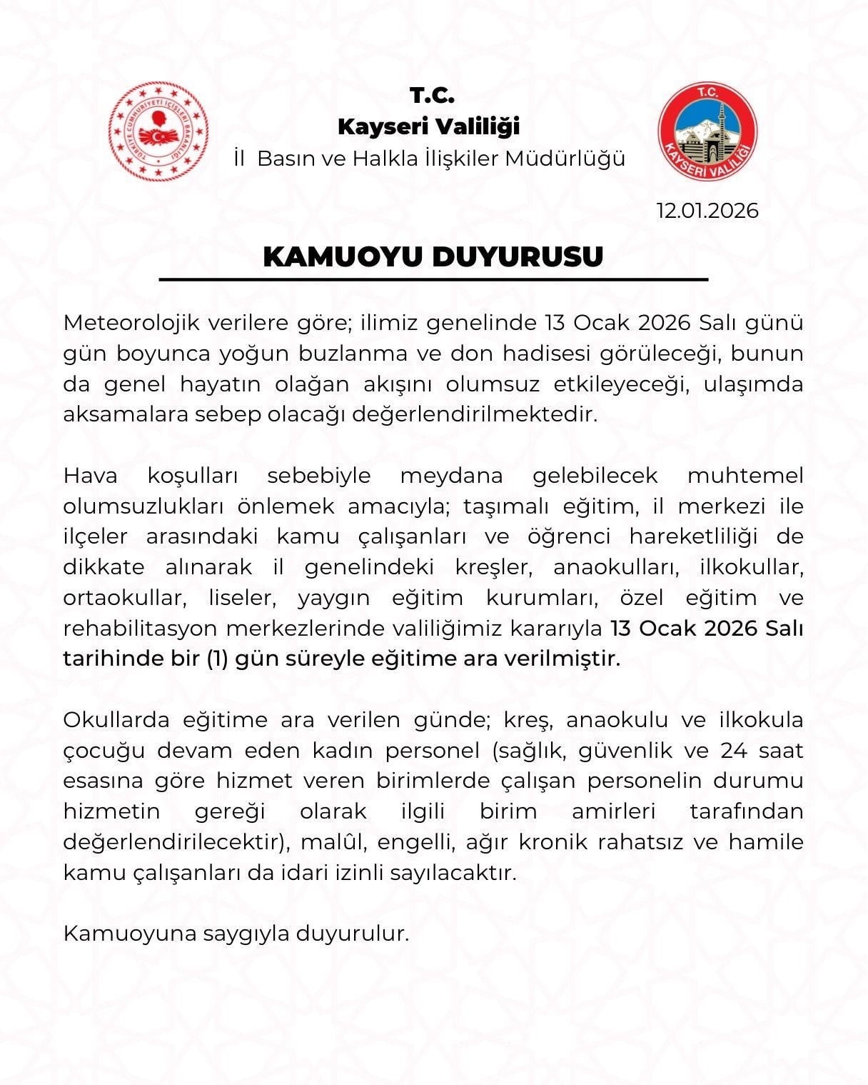 KAYSERİ’DE YOĞUN KAR YAĞIŞINDAN DOLAYI MEYDANA GELEBİLECEK OLUMSUZLUKLARI ÖNLEMEK AMACIYLA EĞİTİME...