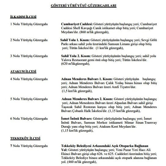 SAMSUN VALİLİĞİ, 2026 YILINDA KULLANILACAK TOPLANTI ALANLARI, GÖSTERİ YÜRÜYÜŞÜ GÜZERGÂHLARI İLE...