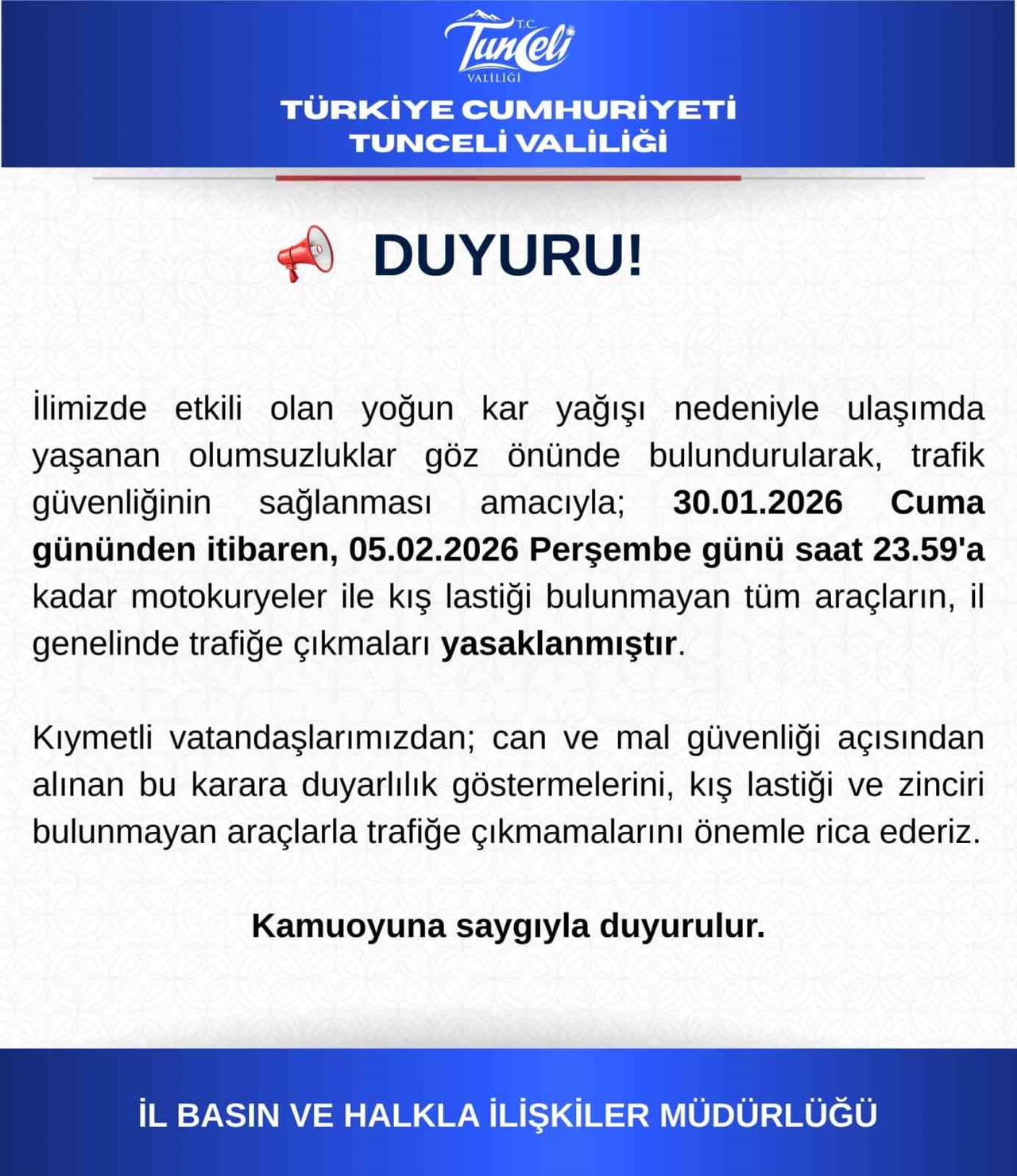 TUNCELİ’DE ETKİLİ OLAN YOĞUN KAR YAĞIŞI NEDENİYLE MOTOKURYELER VE KIŞ LASTİĞİ BULUNMAYAN TÜM...